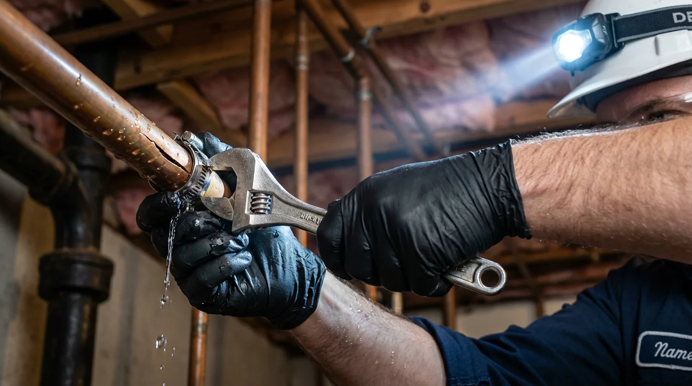 Emergency pipe clamp repair being performed by a Johns Plumbing LLC plumber in Fayette