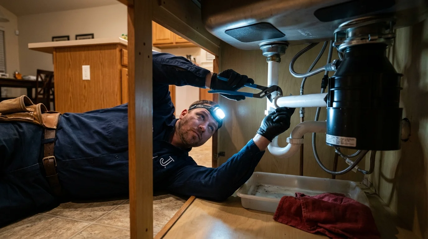 P-trap and supply line connections under a kitchen sink showing a common leak point in Fayette, OH